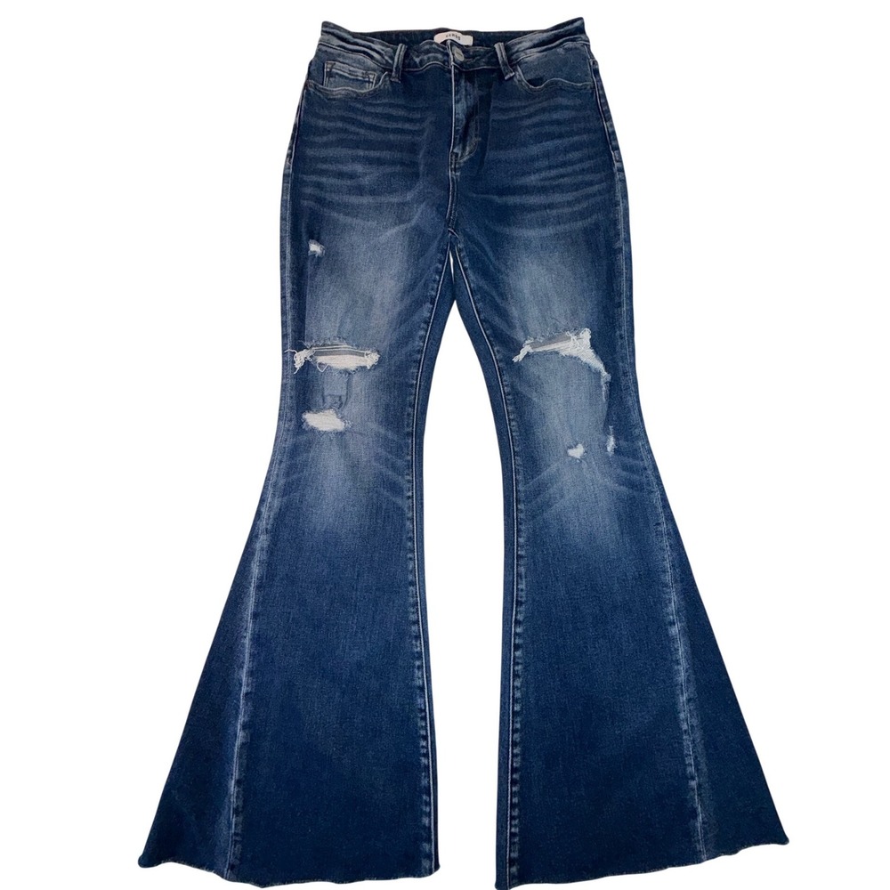 Ceros Women Distressed Flare Jeans Blue Denim Bell Bottom Raw Hem 30
